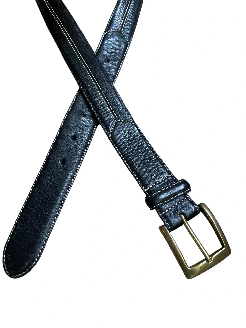 VTG Cole Haan Pebbled Leather Topstitched Belt Black Men's Sz 44 Brass BUCKLE